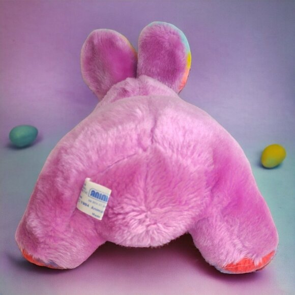 Stuffed Plush Rainbow Bunny Vintage Pink Smiling Rabbit By Animal‎ Toy 1984 Rare - Picture 7 of 14
